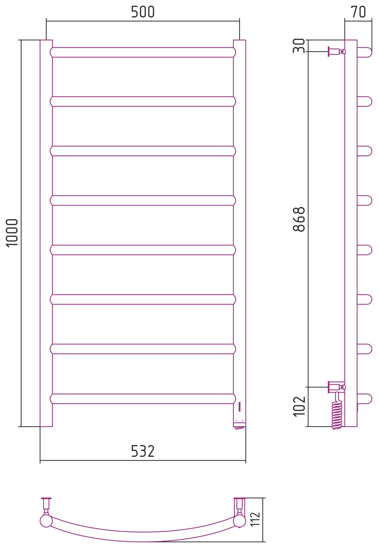 Полотенцесушитель, Сунержа, Галант 4.0, электрический, ширина, мм-532, высота, мм-1000, подключение-справа, нагревательный элемент-греющий кабель, мощность, Вт-147, материал-нержавеющая сталь, цвет- черный матовый
