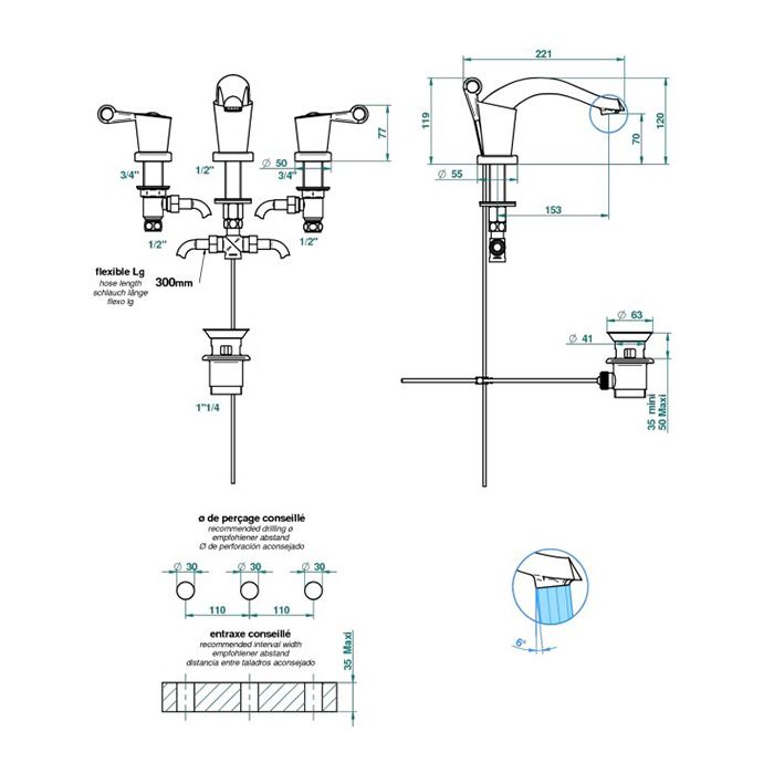 THG BAGATELLE METAL MANETTES Смеситель для раковины на 3 отверстия, с донным клапаном, цвет полированное золото THG BAGATELLE METAL MANETTES Смеситель для раковины на 3 отверстия, с донным клапаном, цвет полированное золото