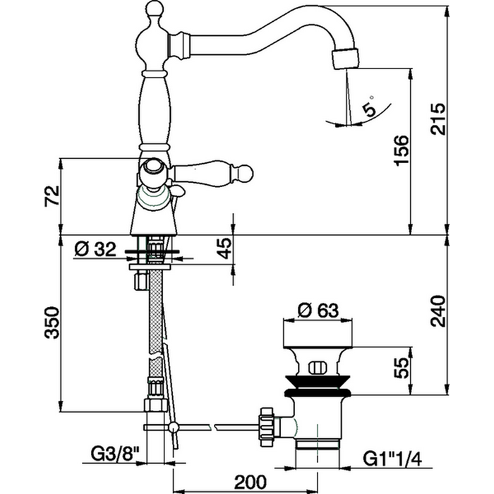 CISAL Arcana Toscana Смеситель для раковины на 1 отверстие, с донным клапаном, цвет золото/белый