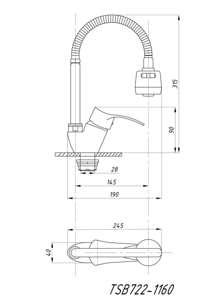 Смеситель для кухни TSARSBERG (TSB-722-1160) гибкий излив тип См-МОЦБА, артикул TSB-722-1160