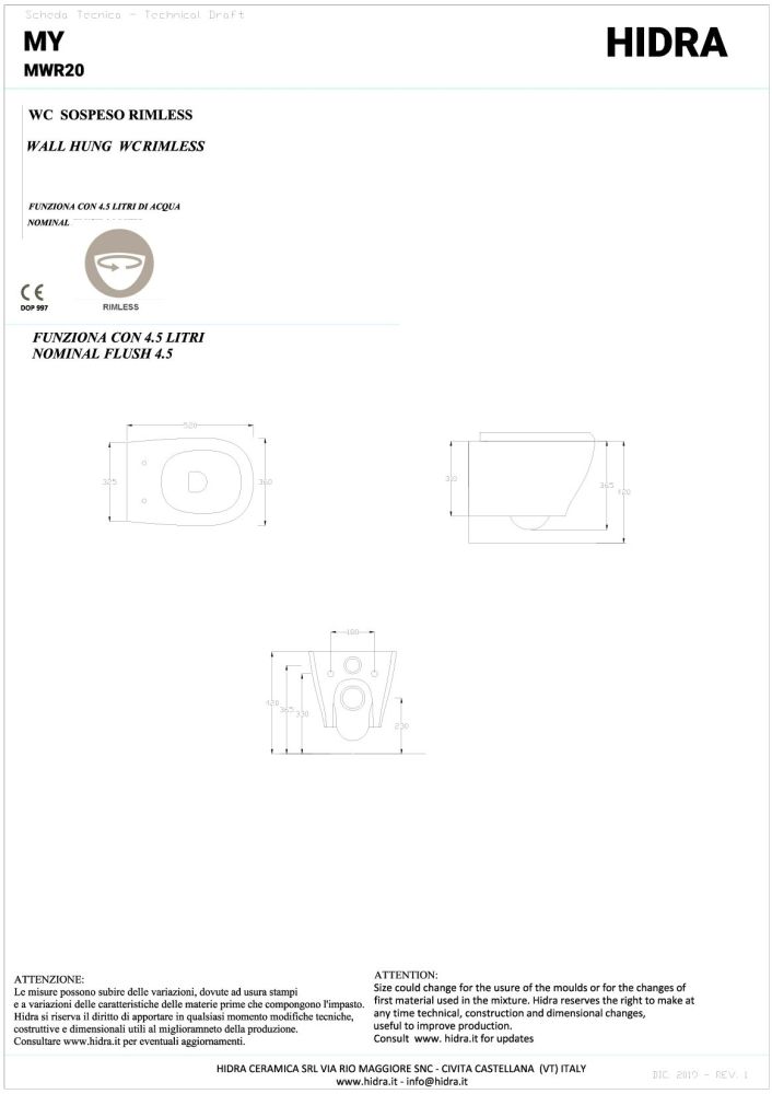 Hidra My, подвесной безободковый унитаз c крепежом, 52x36 см, цвет белый глянцевый, артикул MWR20/001