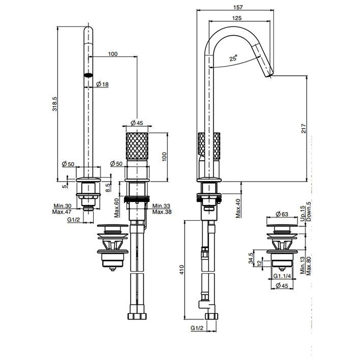 Fima Carlo Frattini Spillo Tech Cмеситель для раковины, на 2 отв., с донным клапаном, цвет: хром, артикул F3271TNCXCR