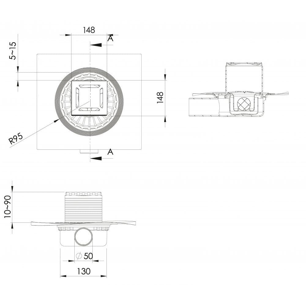 Трап BERGES водосток ZENTRUM Norma 150х150, хром глянец, выпуск D50 H65 боковой