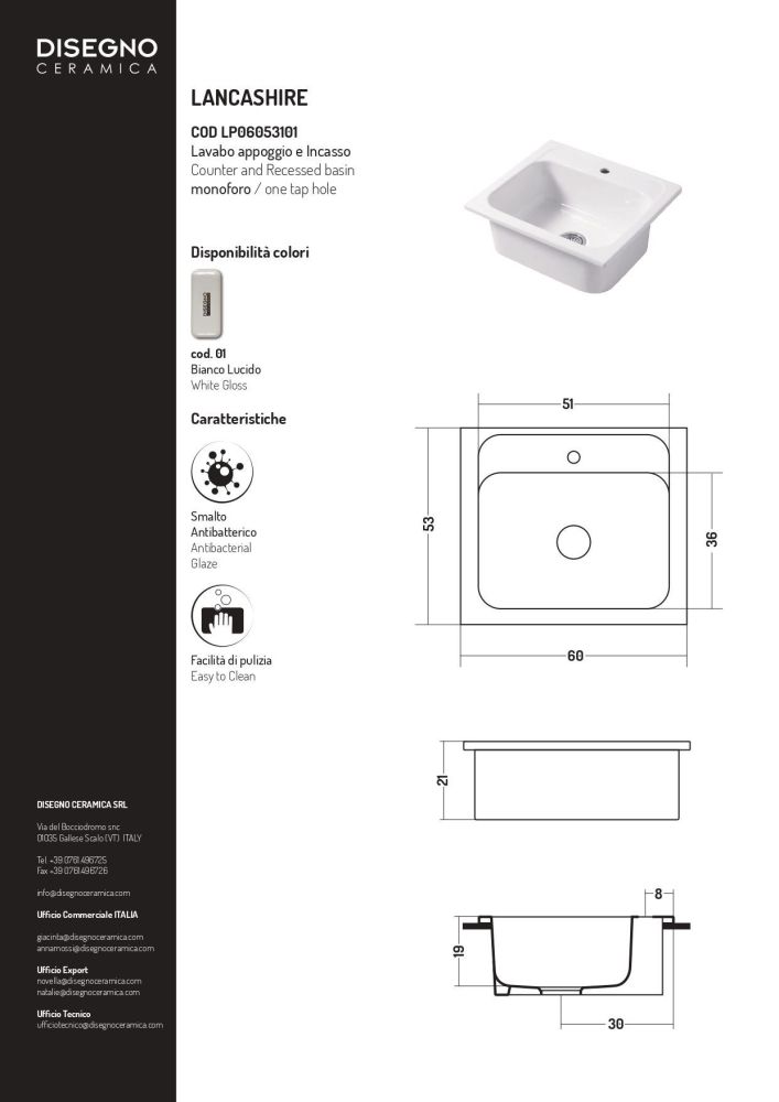Disegno ceramica Landscape, накладная и встраиваемая постирочная/хозяйственная раковина LANCASHIRE 60х53хh21 см, цвет белый глянцевый, артикул LP06053101