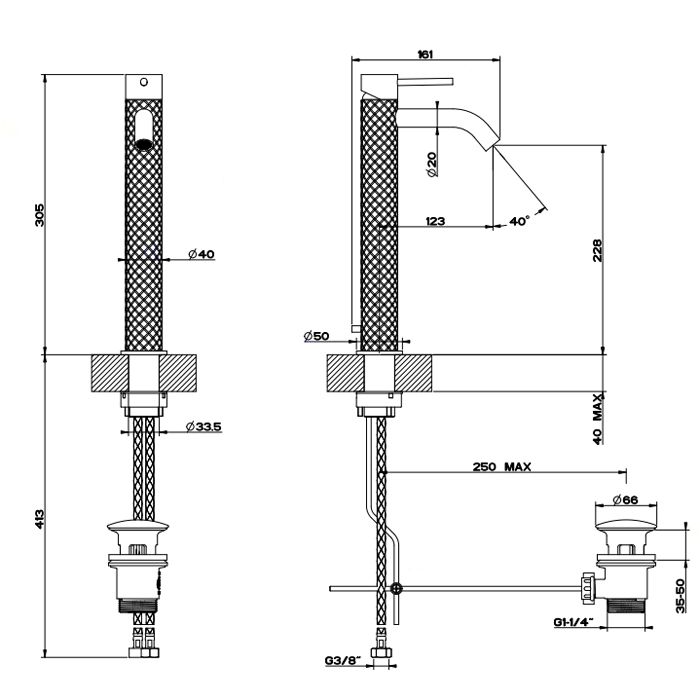 GESSI 316 Смеситель высокий для раковины на 1 отверстие с донным клапаном, h=305мм , излив 123мм, цвет: steel brushed