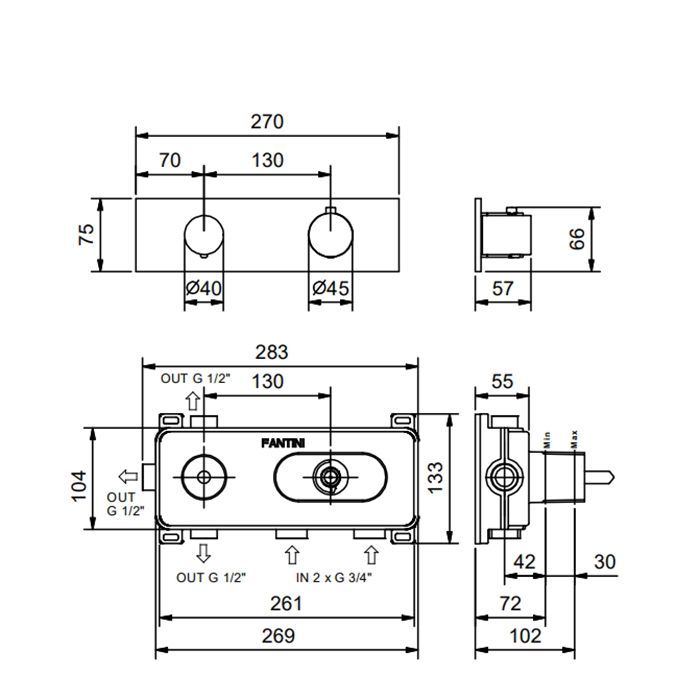 Fantini NOSTROMO Термостат. встраив. смес-ль для душа, 3/4'' наружная часть, 3 потока, (наружная часть) цвет: Matt British Gold PVD