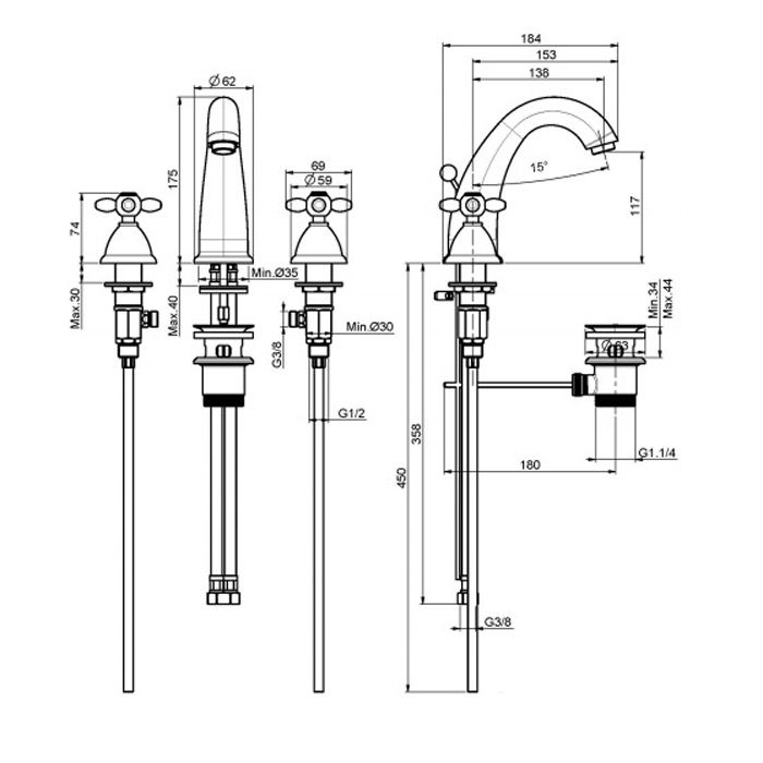 FIMA|Carlo Frattini Olivia Смеситель для раковины, на 3 отверстия, высота 175 мм., с донным клапаном, цвет хром