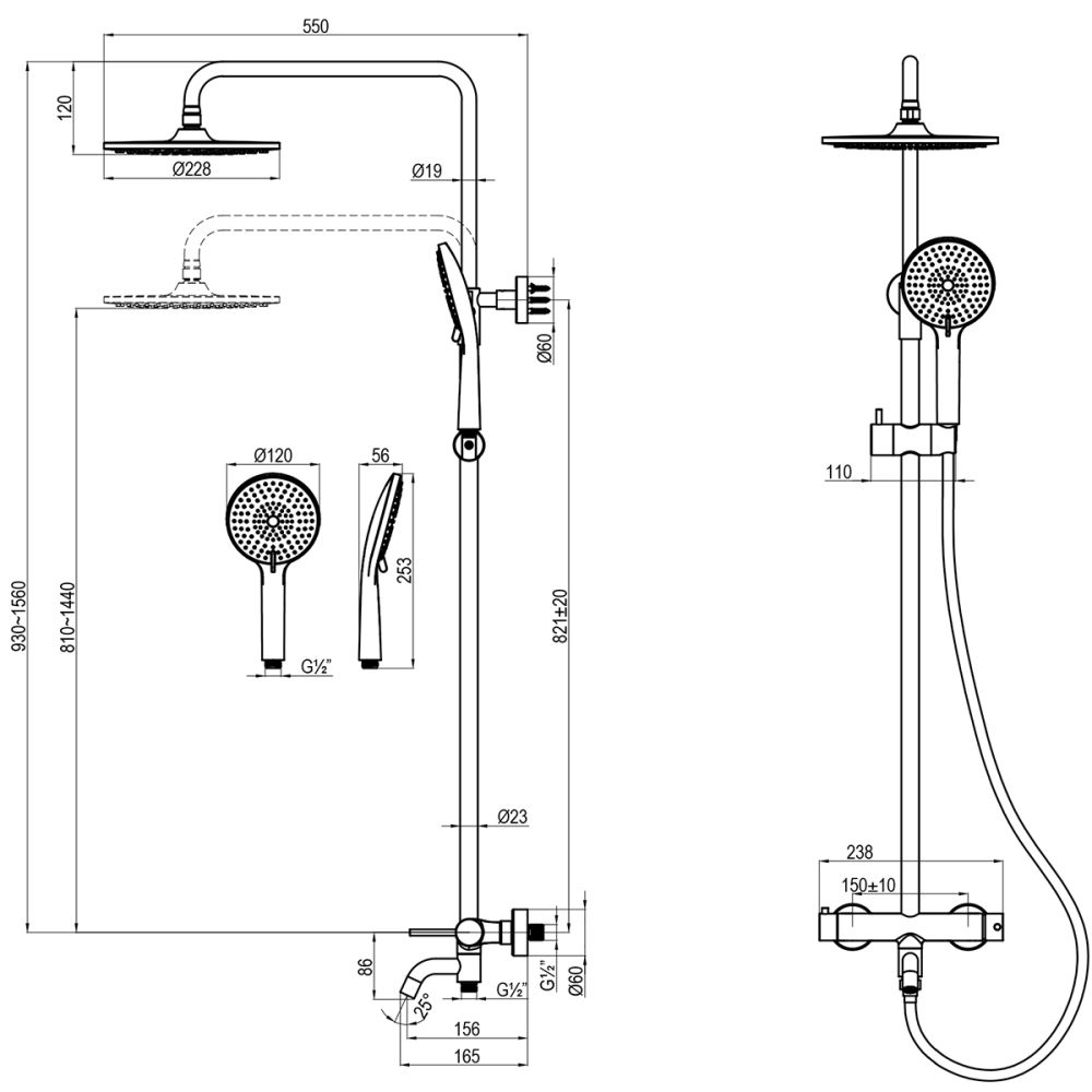 Смеситель Lemark Kalina для ванны и душа с регулируемой высотой штанги и лейкой верхнего душа «Тропический дождь» (LMF-2126S-GM), артикул LMF-2126S-GM