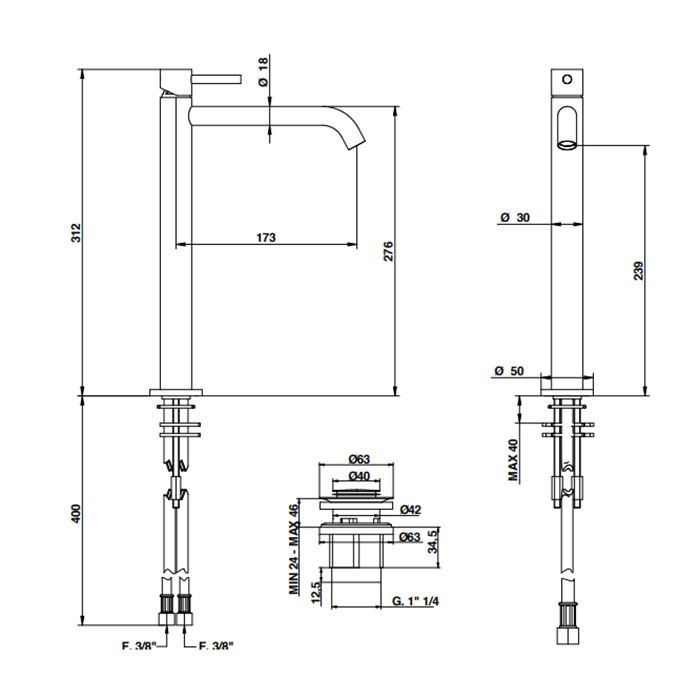Bongio ON Смеситель для раковины высокий на 1 отв, излив 173 мм , с донным клапаном clic clac ,цвет матовое французское золото, артикул 68532HMPR