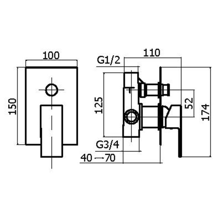 Plumberia Selection TAG Внешняя часть встраиваемого смесителя на 2 вых., накладка прямоуг. 100х150мм, черн.матов.