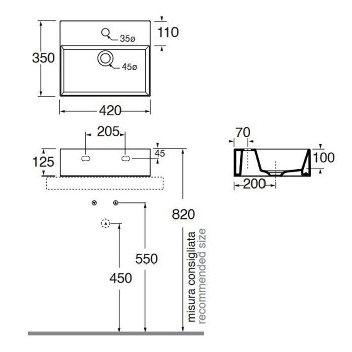 AZZURRA ELEGANCE Squared раковина подвесная/накладная 42х35х12,5 см с 1 отв. под смеситель , цвет белый