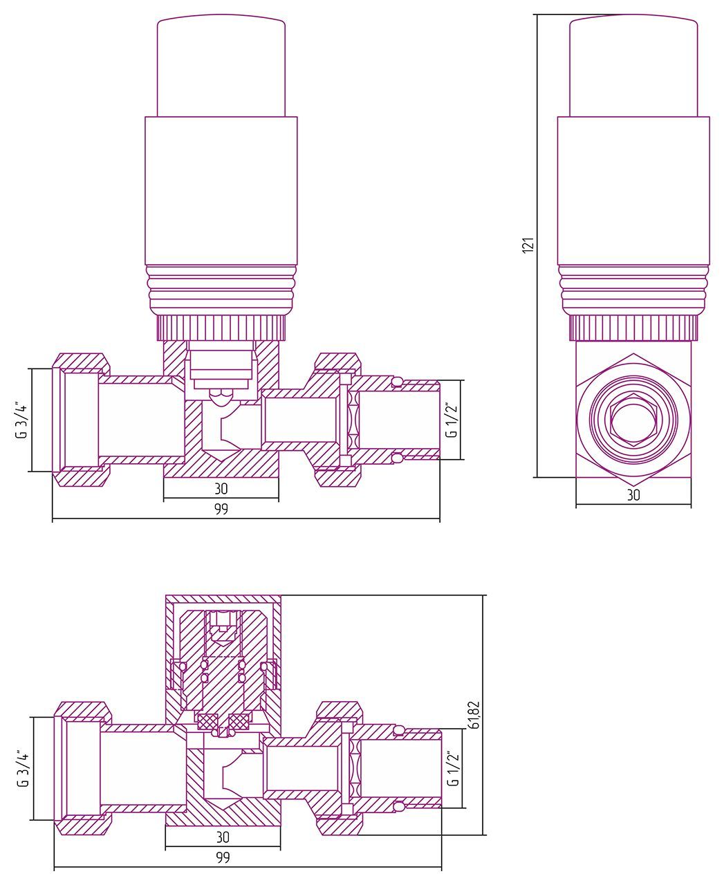 Автоматический терморегулятор прямой G 1/2" НР х G 3/4" НГ (набор) (Тёмный титан муар - Белый), артикул 15-1420-6202