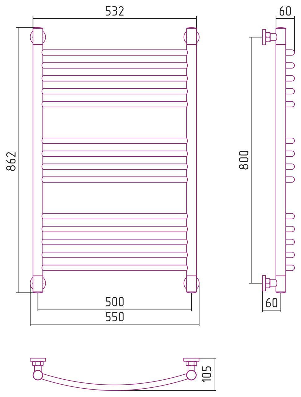 Полотенцесушитель водяной "Богема+" 800х500 (САТИН)