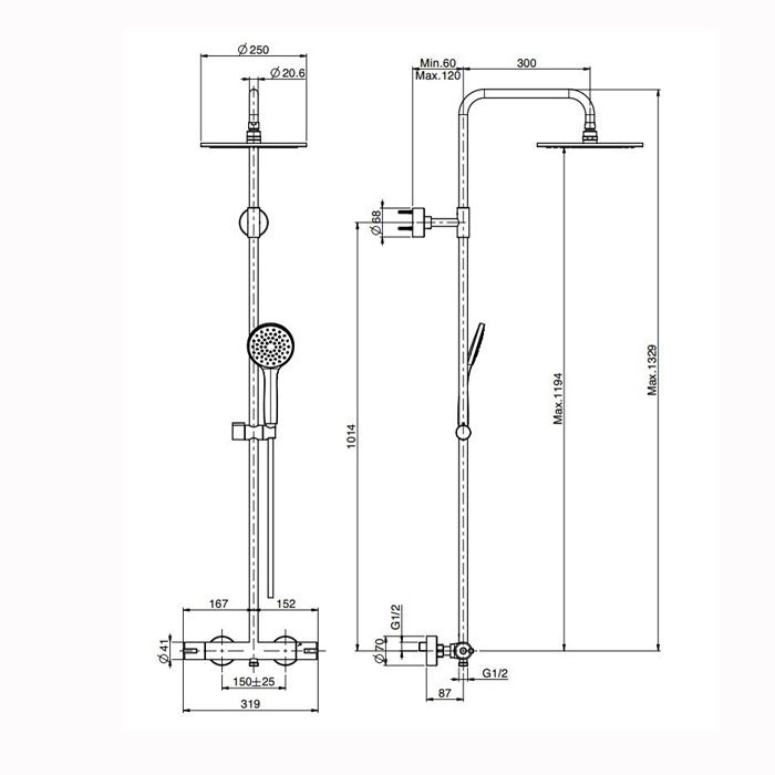 FIMA|Carlo Frattini Serie 22 Смеситель для душа внешнего монтажа, с душевой стойкой, верхним душем Ø 250 мм. и ручным душем, цвет хром