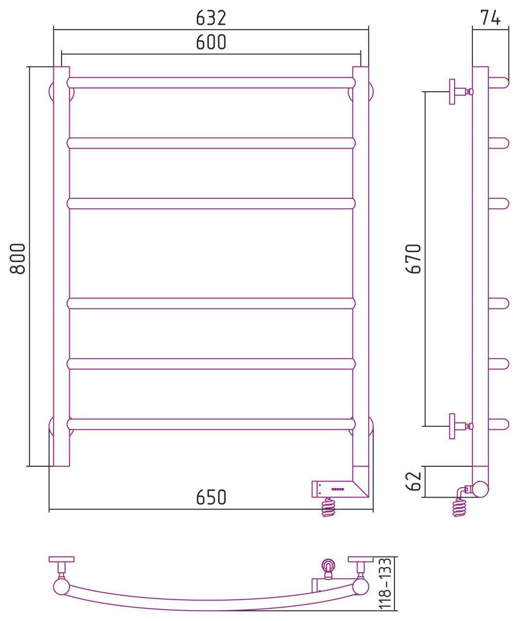 Полотенцесушитель электрический "ГАЛАНТ 2.0" 800х600 / МЭМ правый (Матовый Чёрный)