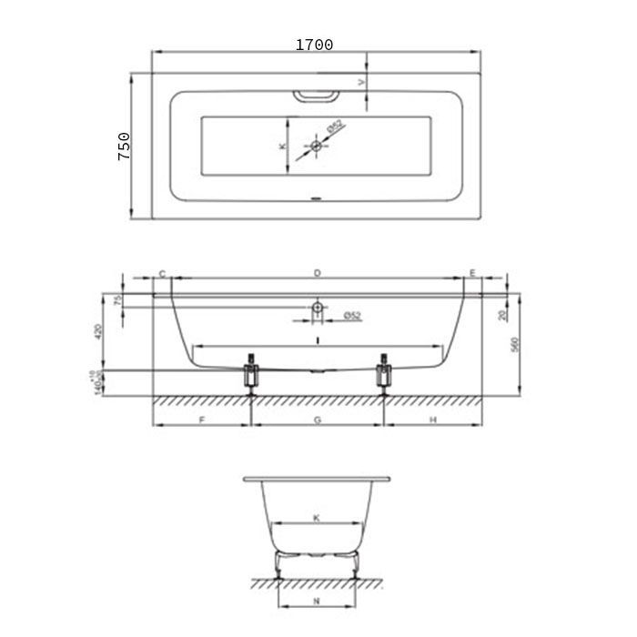 BETTE One Ванна с шумоизоляцией 170х75х42, с BetteGlasur ® Plus, цвет белый (для удлиненного слива-перелива)