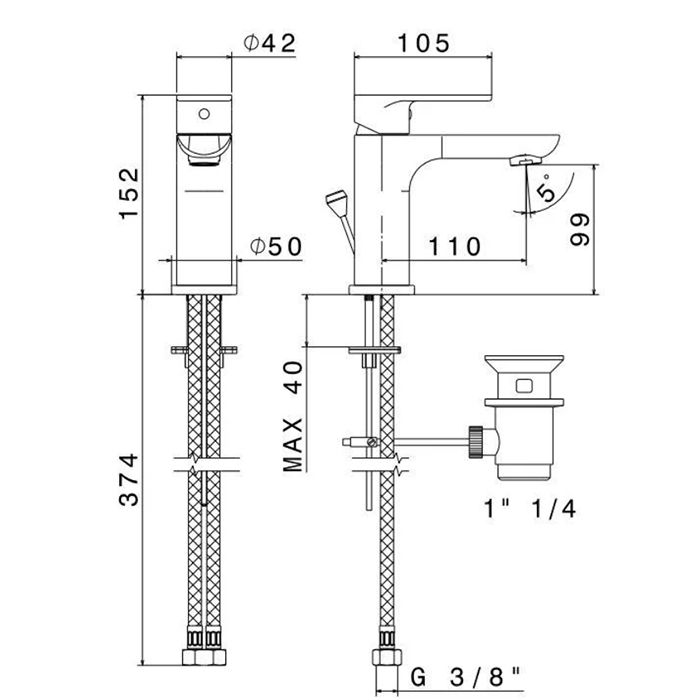 Смеситель для раковины PIANO однорычажный с донным клапаном, хром глянец