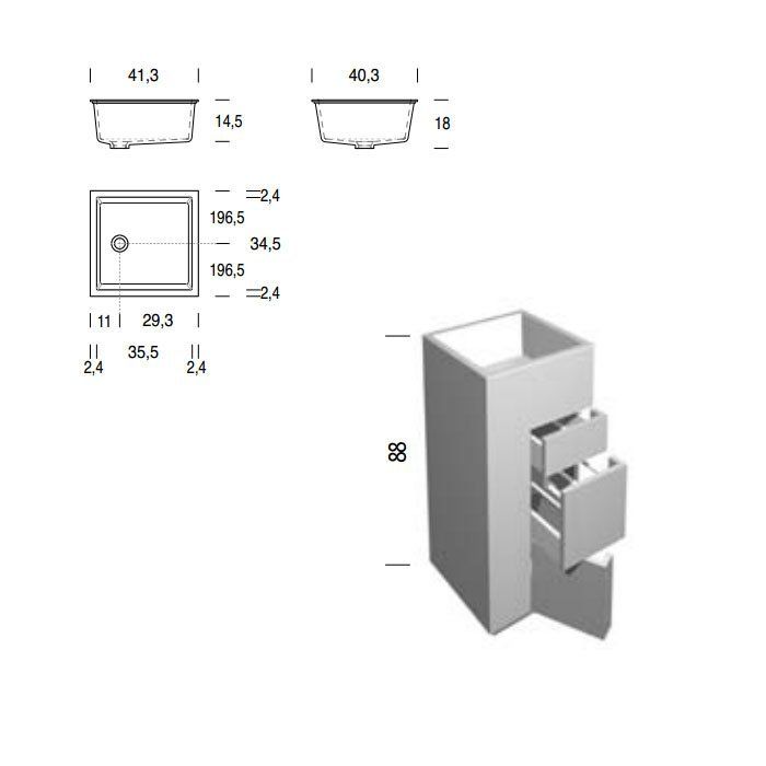 NOORTH milldue edition TOUCH Комплект мебели 410х400х880 мм., напольный, 3 ящика, слив в пол, раковина Milltek белая матовая, отделка Argilla матовый