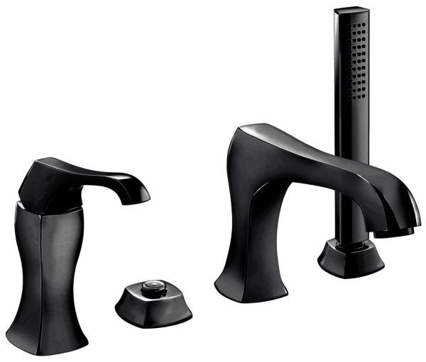 Emmevi Ares, комплект смесителя на борт ванны на 4 отверстия (излив 19,2 см), с набором для душа, цвет черный матовый