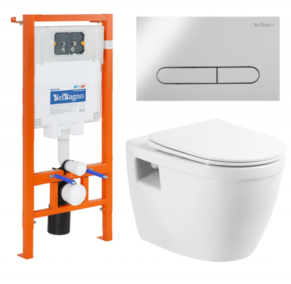 Комплект 3 в 1 Унитаз подвесной с сиденьем BelBagno LOTO BB070CHR/SC + Система инсталляции для унитазов BelBagno BB002-80  с кнопкой смыва BB018-GV-BI