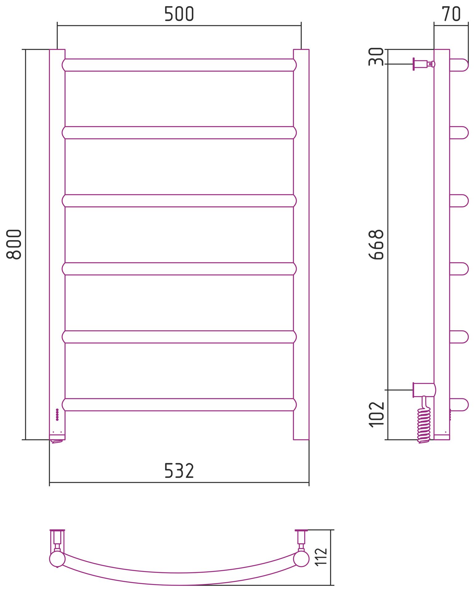 Полотенцесушитель, Сунержа, Галант 4.0, электрический, ширина, мм-532, высота, мм-800, подключение-слева, нагревательный элемент-греющий кабель, мощность, Вт-112, материал-нержавеющая сталь, цвет- белый матовый