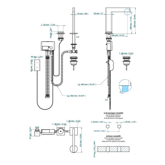 THG ICON-X CARBONE GOLD Смеситель для раковины электронный, на 2 отверстия, с донным клапаном, цвет хром