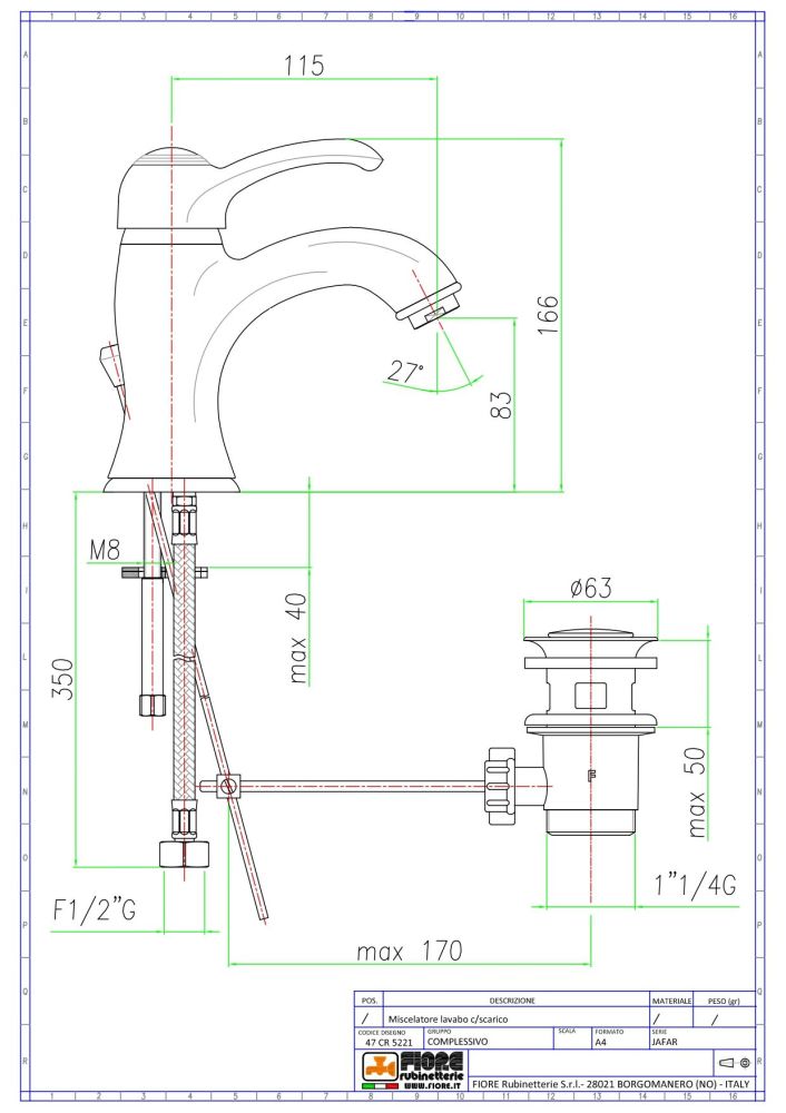 Fiore Jafar, однорычажный смеситель для раковины c донным клапаном, цвет хром