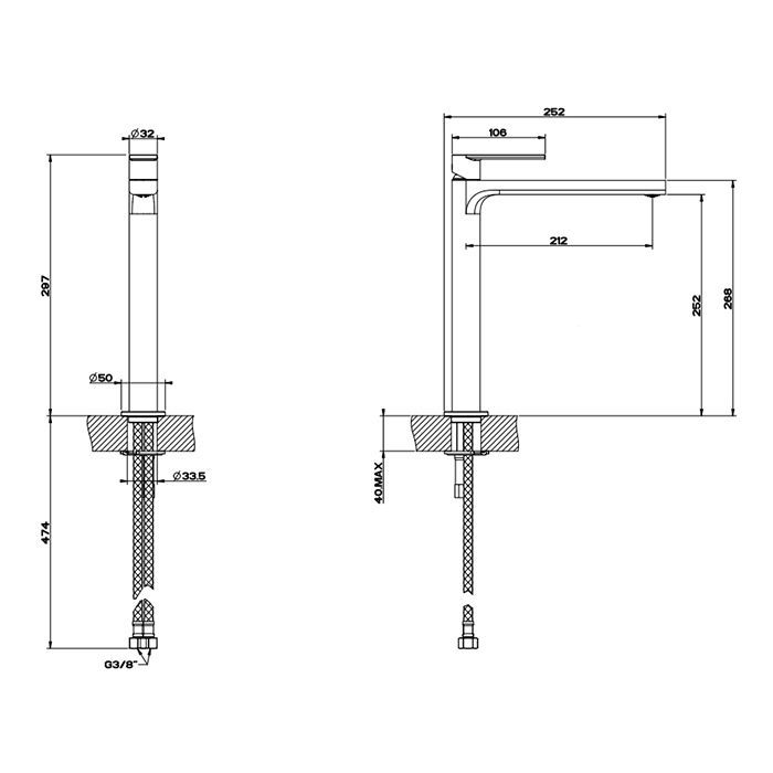 Gessi Emporio Via manzoni Смеситель для раковины без донного клапана и соединительными шлангами, цвет: Finox Brushed Nickel
