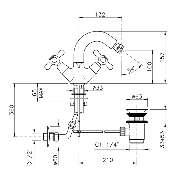 Nicolazzi Nuova Brenta Смеситель для биде с 2мя ручками, поворотный излив: 132мм, с донным клапаном, цвет: бронза