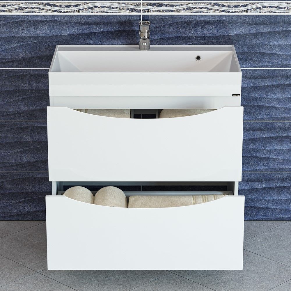 Тумба под раковину Санта Сатурн 80 см, 700270, 2 ящика, напольная, белый (ум. Classic 80 литой мрамор)