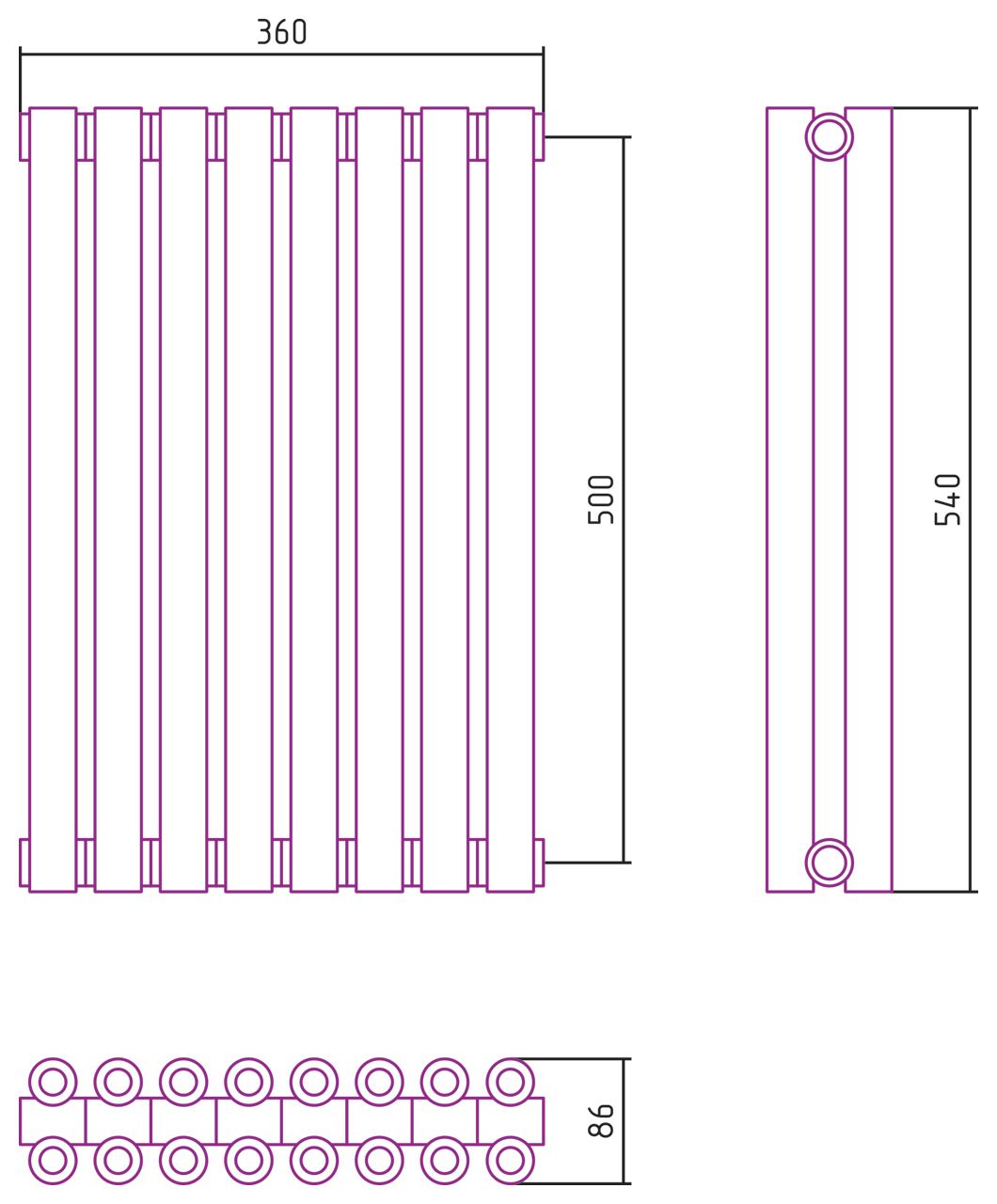 Отопительный радиатор ЭСТЕТ-00 н/ж 500х360 / 8 сек (Состаренная БРОНЗА)