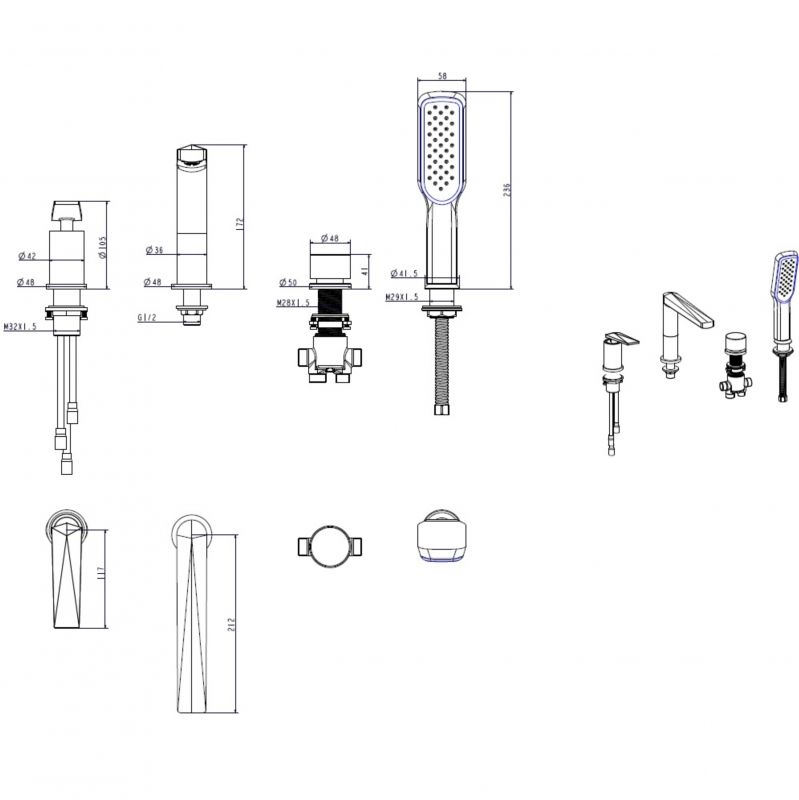 Смеситель врезной на борт ванны  VENTURO  белый + золото
