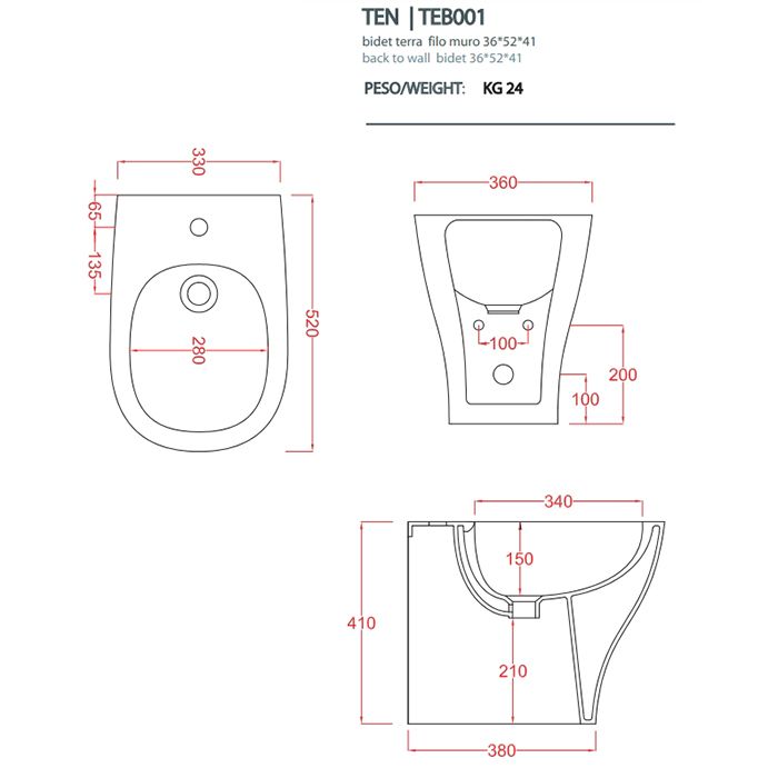 Artceram TEN Биде напольное 36х52, с 1 отв под смеситель, без креплений, цвет белый