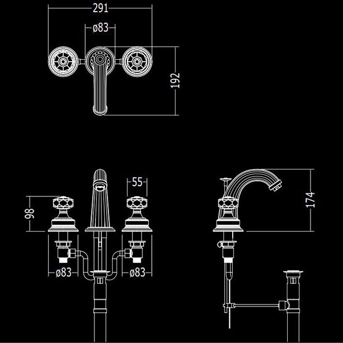 Devon&Devon Excelsior King Смеситель для раковины на 3 отв., донный клапан, цвет: блестящий никель., артикул EXC-KN100NK