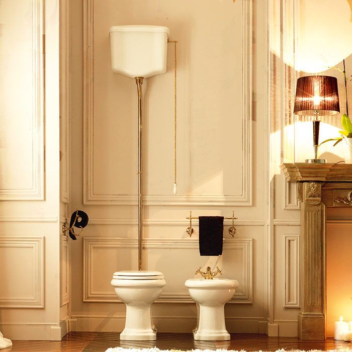 Kerasan Механизм слива NEW &quot;CATIS&quot; для высокого бачка с держателем, ручка белая (слева или справа), без трубы, цвет золото