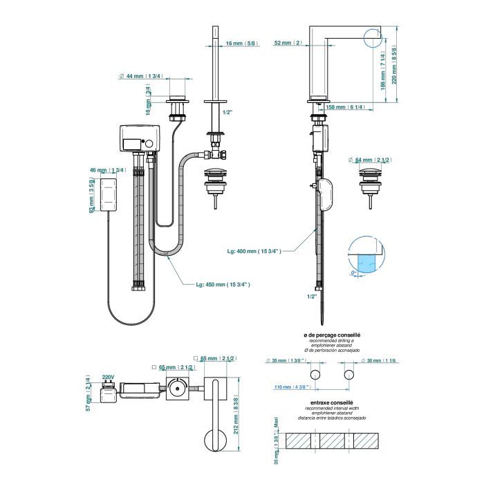 THG ICON-X TITANE Смеситель для раковины электронный, на 2 отверстия, с донным клапаном, цвет полированное золото