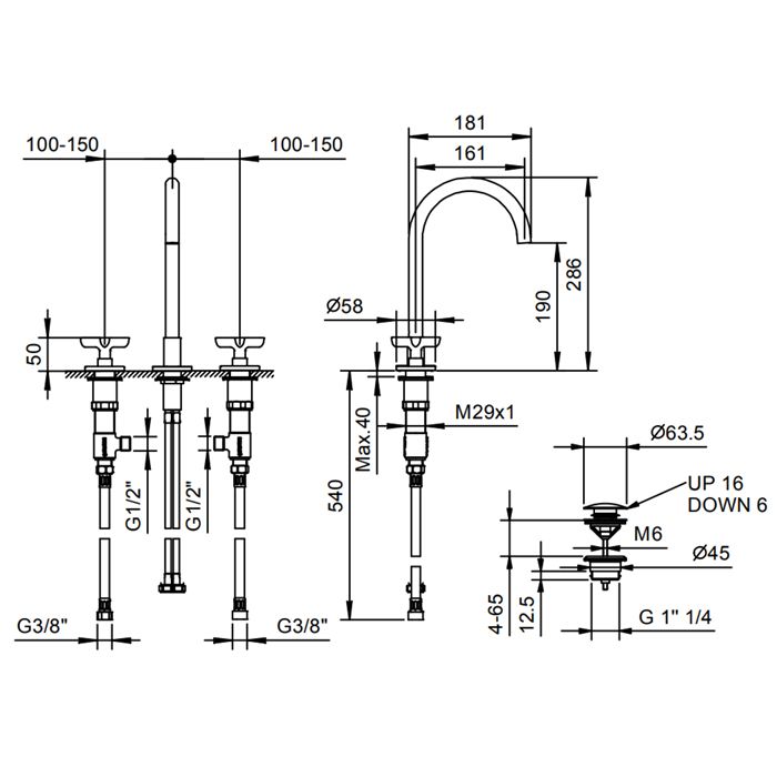Fantini Icona Classic Смеситель для раковины, 3 отв., с нажимн. донным клапаном, излив 160мм, цвет: хром
