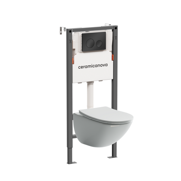 Комплект Подвесной унитаз Моно (Mono) Безободковый (Rimless) + Система инсталляции Баланс (Balance) кнопка Круг (Circle), черный матовый