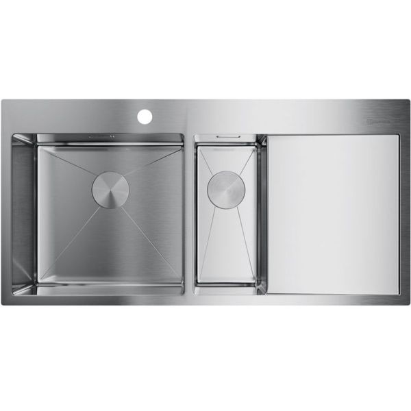 Мойка, OMOIKIRI, Akisame, с крылом, число чаш-2 слева, ширина, мм-1000, глубина, мм-510, высота, мм-200, тип установки-встраиваемый, отверстия для смесителя-1, с переливом, сифон и донный клапан с декоративными накладками в комплекте, материал-нержавеющая