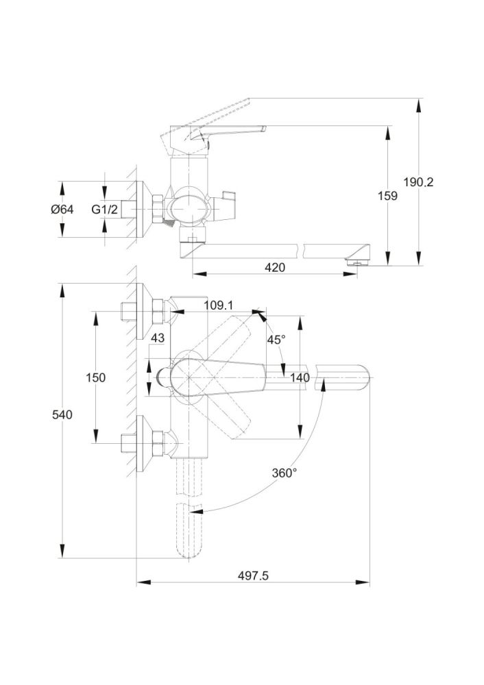 Смеситель для ванны Cersanit MODUO с длинным изливом однорычажный хром (64098), артикул 64098