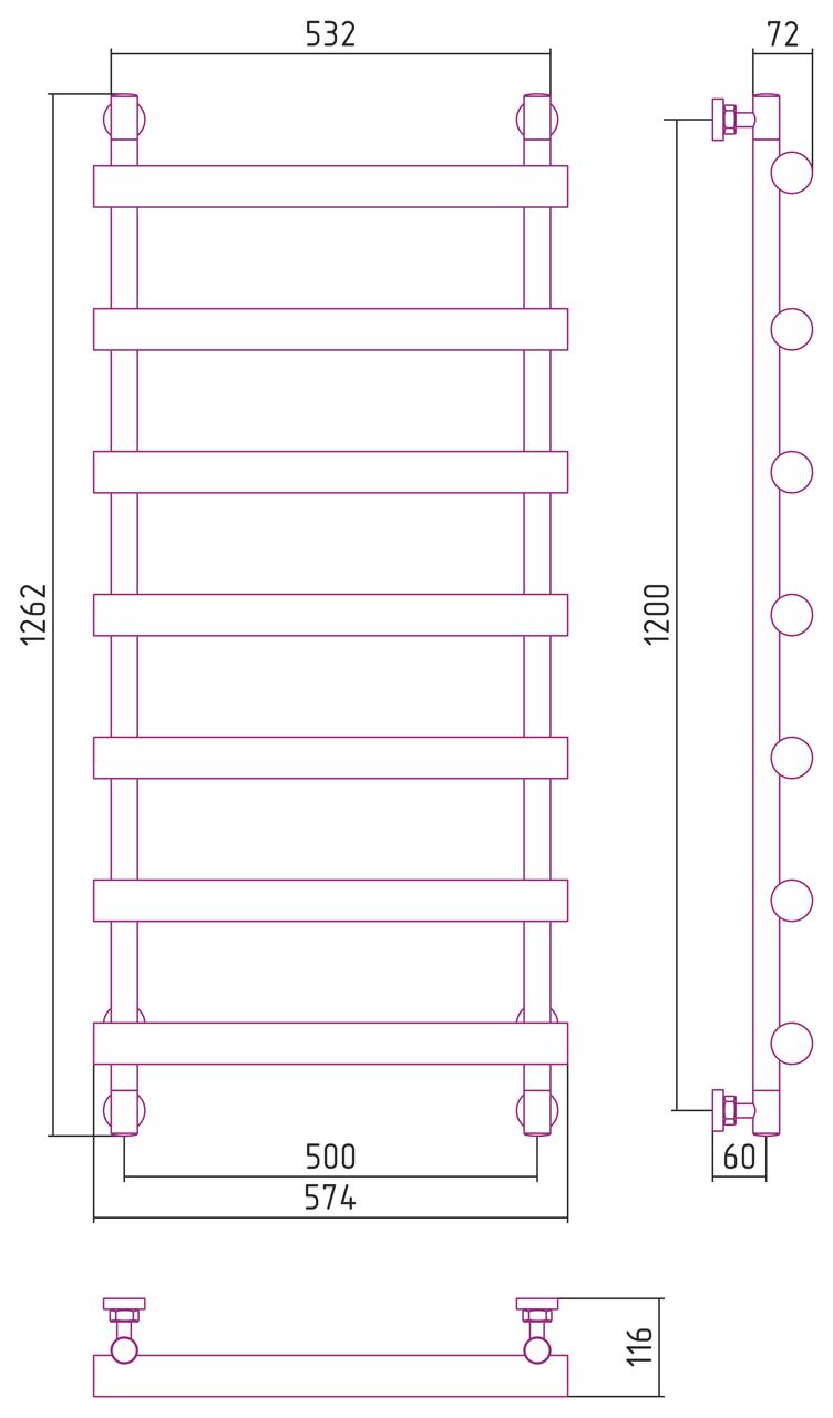 Полотенцесушитель, Сунержа, Атлант, водяной, ширина, мм-574, глубина, мм-116, высота, мм-1262, межосевое расстояние-500, подключение-диагональное/нижнее/вертикальное, мощность, Вт-494, присоединительный размер-НР G 1/2" / НР G 3/4" (эксцентрик), материал-