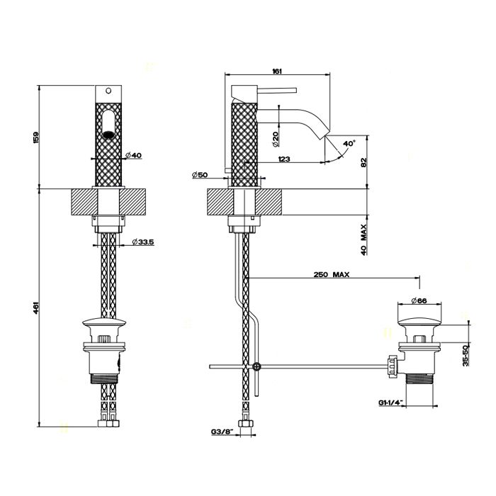 GESSI 316 Смеситель для раковины на 1 отверстие с донным клапаном, излив 123мм, цвет: steel brushed