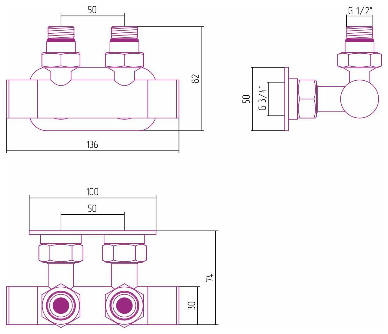 Вентиль, Сунержа, EU50, 2 х НР G 1/2" / 2 х НГ G 3/4", угловой, скрытый, материал-нержавеющая сталь, цвет-сталь без покрытия