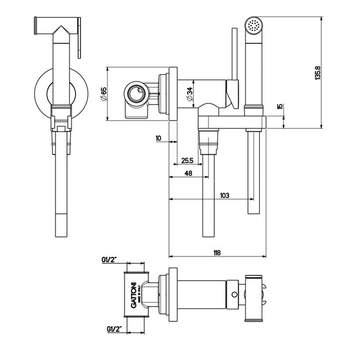Gattoni Набор Гигиенический душ со встроенным смесителем, шланг 100см, цвет: черный матовый