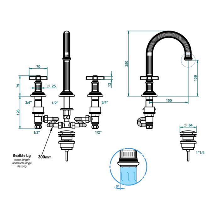 THG GRAND CENTRAL CROISILLON METAL Смеситель для раковины на 3 отверстия, в комплекте с донным клапаном, цвет Matt brass color PVD, артикул U9K-H50-152