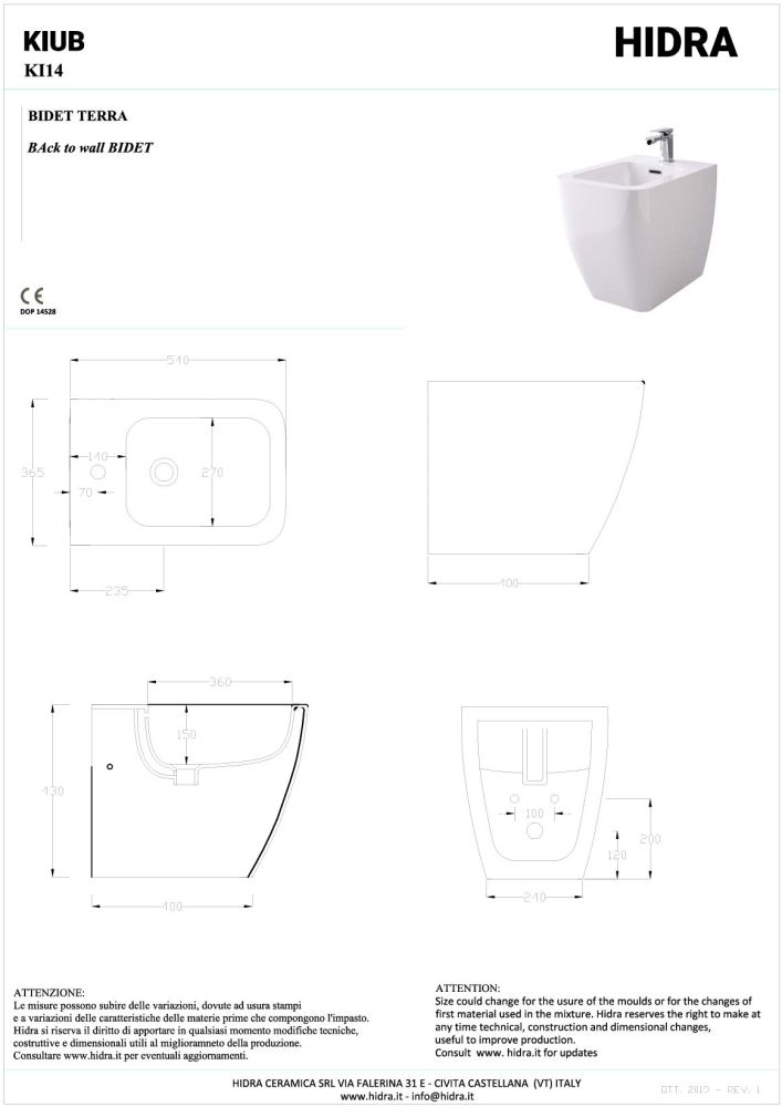 Hidra Kiub, напольное биде c крепежом, 54x336,5x43h см, цвет черный матовый, артикул KI14/026