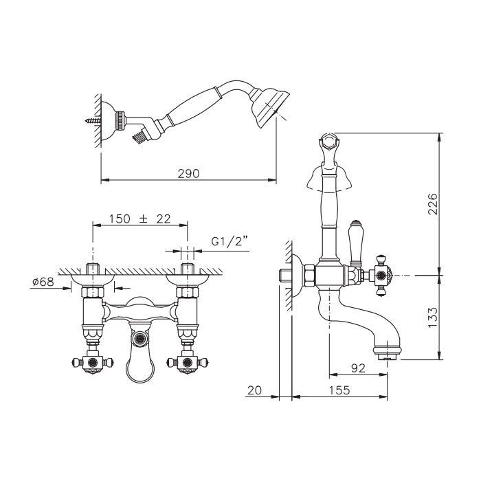 Nicolazzi Le Pietre Смеситель для ванны с 2мя ручками, с переключателем ванна/душ, + комплект руч. душа, цвет: хром