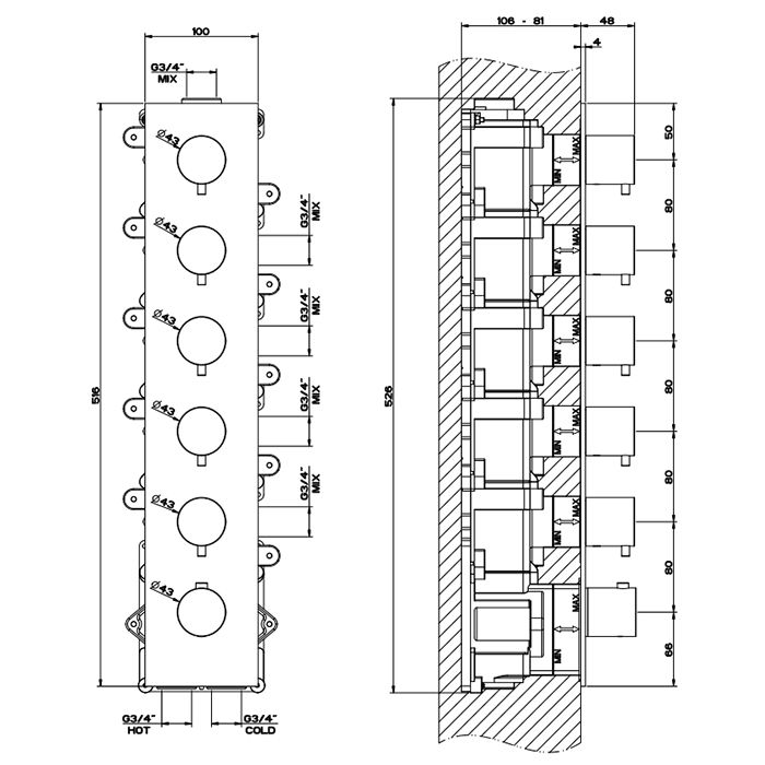 GESSI 316 Встраиваемый термостатический смеситель на 5 источников, резьба 3/4" (внешние части), цвет: steel brushed GESSI 316 Встраиваемый термостатический смеситель на 5 источников, резьба 3/4" (внешние части), цвет: steel brushed