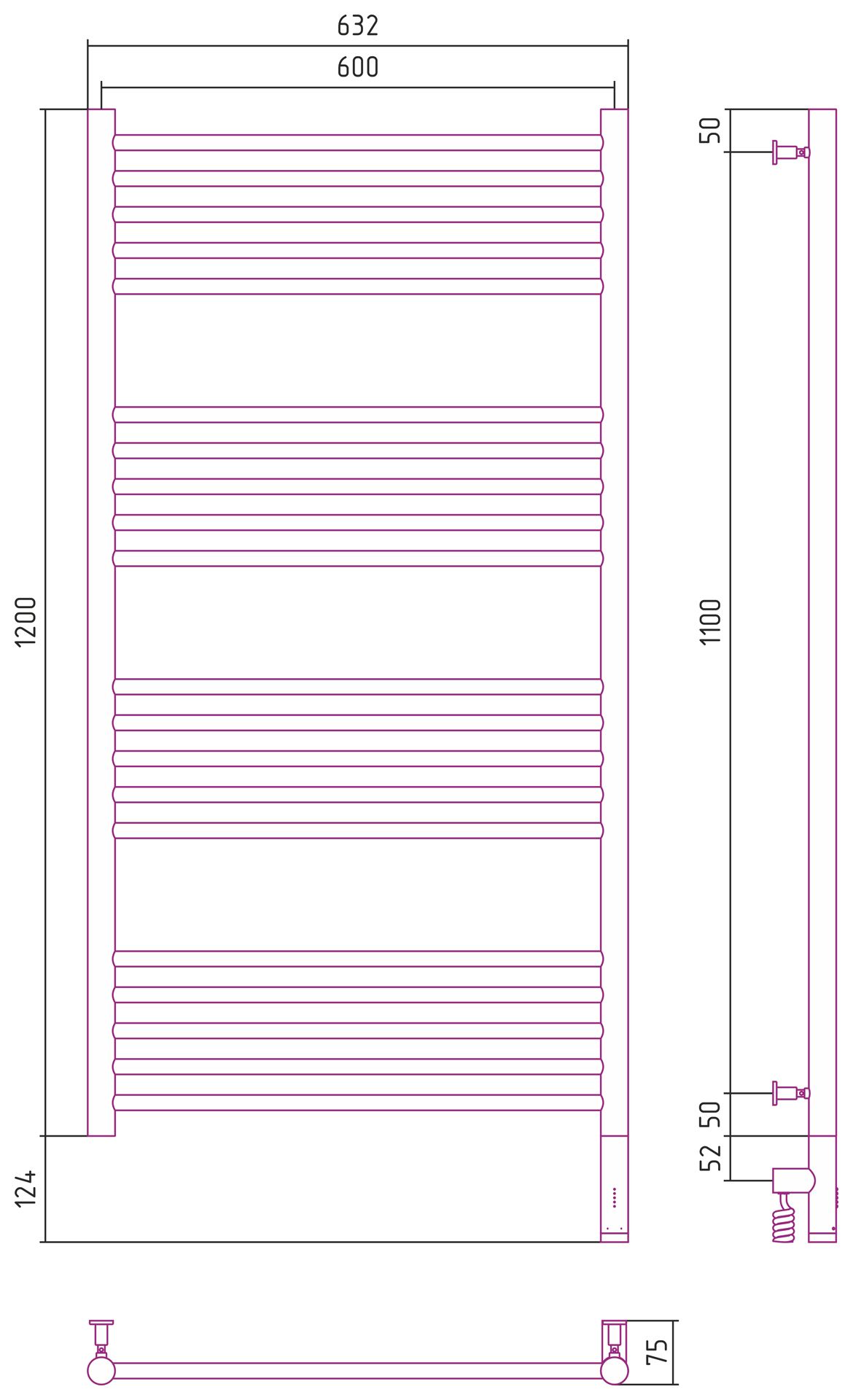 Полотенцесушитель электрический "БОГЕМА 3.0" прямая 1200х600 / МЭМ правый (Тёмный титан муар)