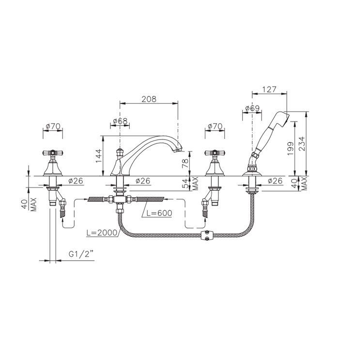 Nicolazzi Teide Four Смеситель на борт ванны, 4 отв., излив: 223 мм, с ручным душем, цвет: золото